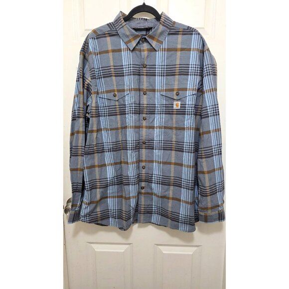 Carhartt Rugged Flex Mens Relaxed Fit Plaid Button-Up Shirt XL Blue & Brown - Picture 2 of 7